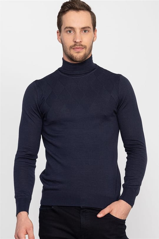 Erkek Slim Fit Tam Balıkçı Yaka İnce Yün Lacivert Triko Kazak