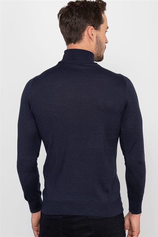 Erkek Slim Fit Tam Balıkçı Yaka İnce Yün Lacivert Triko Kazak