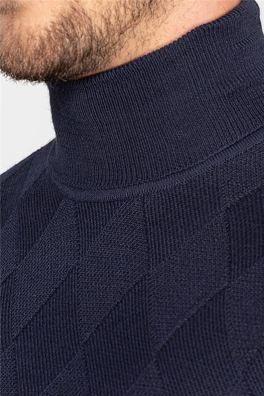 Erkek Slim Fit Tam Balıkçı Yaka İnce Yün Lacivert Triko Kazak