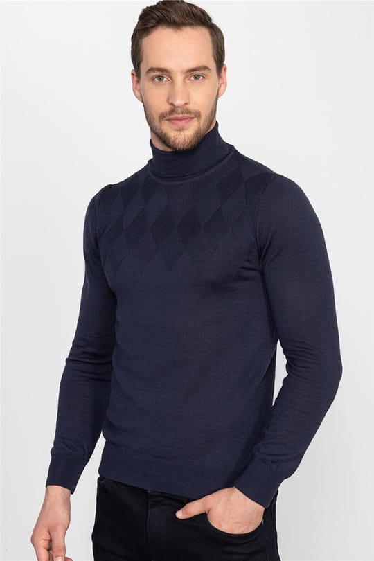 Erkek Slim Fit Tam Balıkçı Yaka İnce Yün Lacivert Triko Kazak