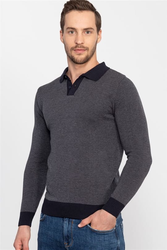 Erkek Slim Fit Düğmeli Polo Yaka Desenli Antrasit Gri Triko Kazak