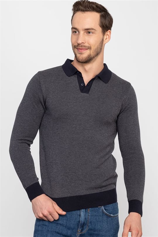 Erkek Slim Fit Düğmeli Polo Yaka Desenli Antrasit Gri Triko Kazak