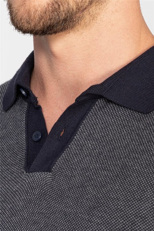 Erkek Slim Fit Düğmeli Polo Yaka Desenli Antrasit Gri Triko Kazak