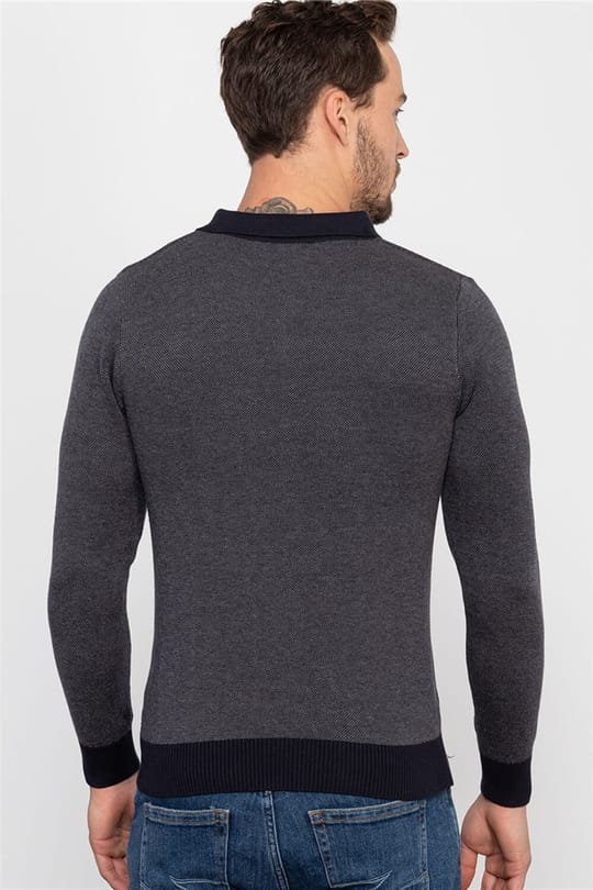 Erkek Slim Fit Düğmeli Polo Yaka Desenli Antrasit Gri Triko Kazak