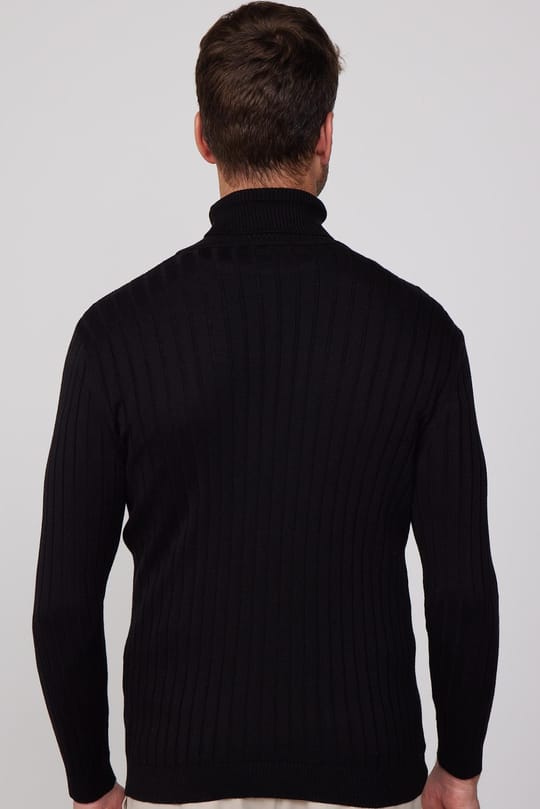 Erkek Slim Fit Tam Balıkçı Yaka Saç Örgü Desenli Siyah Triko Kazak