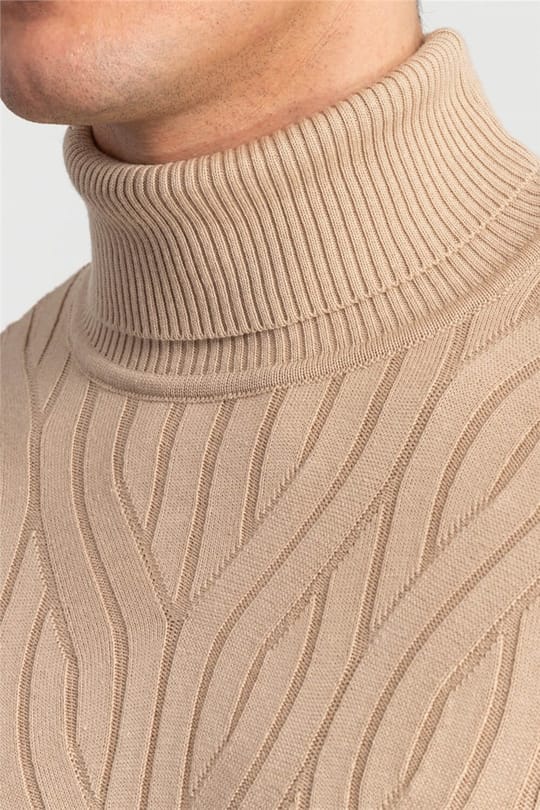 Erkek Slim Fit Tam Balıkçı Yaka Saç Örgü Desenli Kahve Triko Kazak