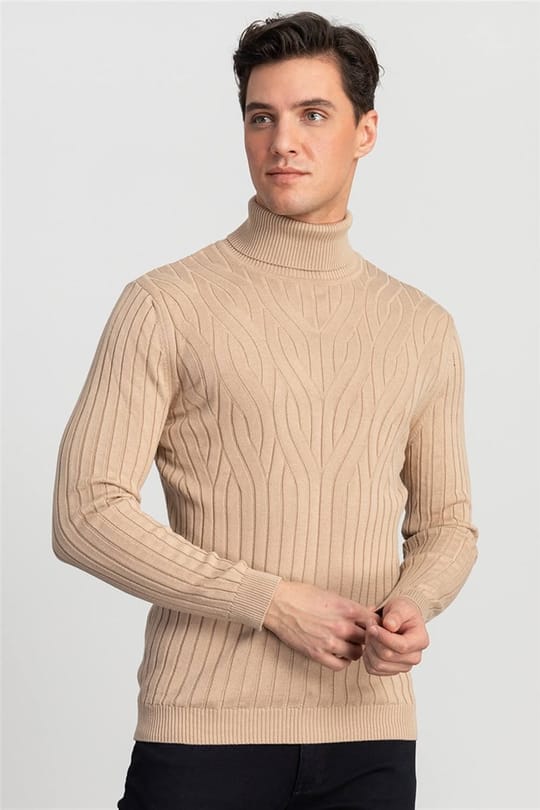 Slim Fit Dar Kesim Tam Balıkçı Yaka Saç Örgü Desenli Erkek Kazak