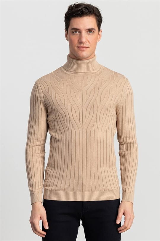 Erkek Slim Fit Tam Balıkçı Yaka Saç Örgü Desenli Kahve Triko Kazak