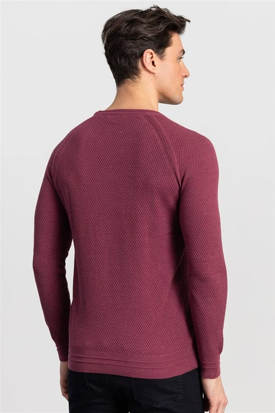 Erkek Slim Fit Bisiklet Yaka Kendinden Desenli Bordo Triko Kazak