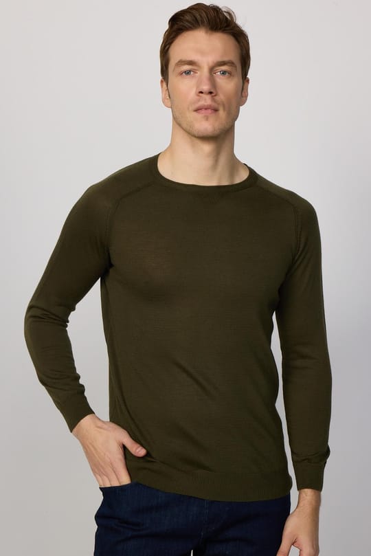 Erkek Slim Fit Bisiklet Yaka Düz Yün Haki Triko Kazak