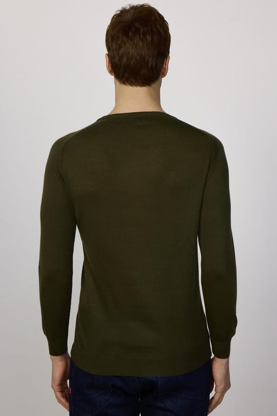 Erkek Slim Fit Bisiklet Yaka Düz Yün Haki Triko Kazak