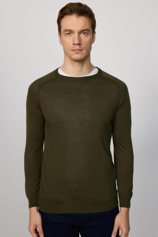 Erkek Slim Fit Bisiklet Yaka Düz Yün Haki Triko Kazak