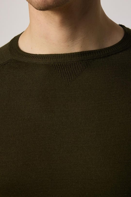 Erkek Slim Fit Bisiklet Yaka Düz Yün Haki Triko Kazak