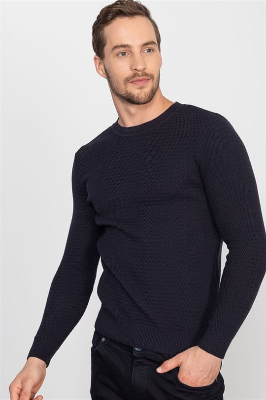 Erkek Slim Fit Armürlü Lacivert Triko Kazak