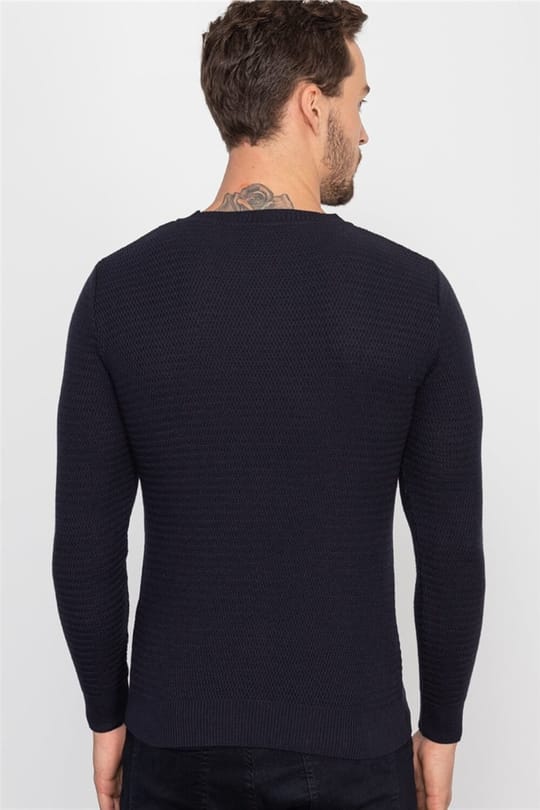 Erkek Slim Fit Armürlü Lacivert Triko Kazak