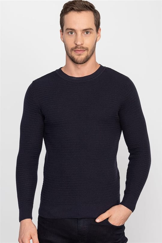 Erkek Slim Fit Armürlü Lacivert Triko Kazak