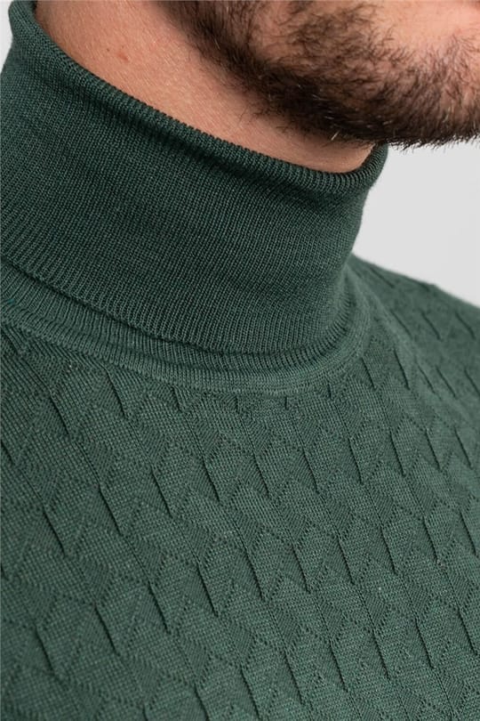 Erkek Slim Fit Tam Balıkçı Yaka İnce Yün Yeşil Triko Kazak