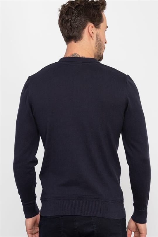 Erkek Slim Fit Dar Kesim Polo Yaka Armürlü Lacivert Triko Kazak