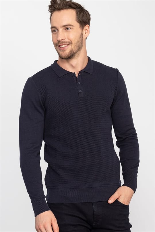 Erkek Slim Fit Dar Kesim Polo Yaka Armürlü Lacivert Triko Kazak