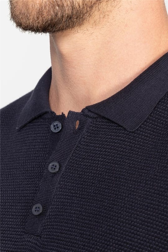 Erkek Slim Fit Dar Kesim Polo Yaka Armürlü Lacivert Triko Kazak