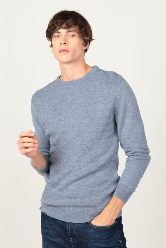 Erkek Slim Fit Bisiklet Yaka Kendinden Desenli İndigo Triko Kazak