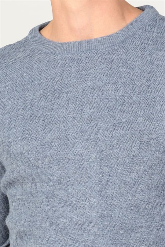 Erkek Slim Fit Bisiklet Yaka Kendinden Desenli İndigo Triko Kazak