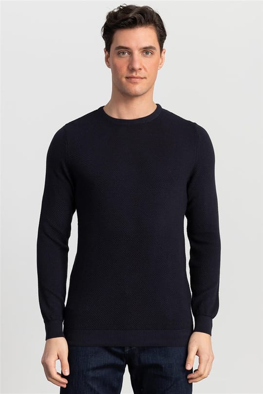 Erkek Slim Fit Kendinden Desenli Lacivert Triko Kazak