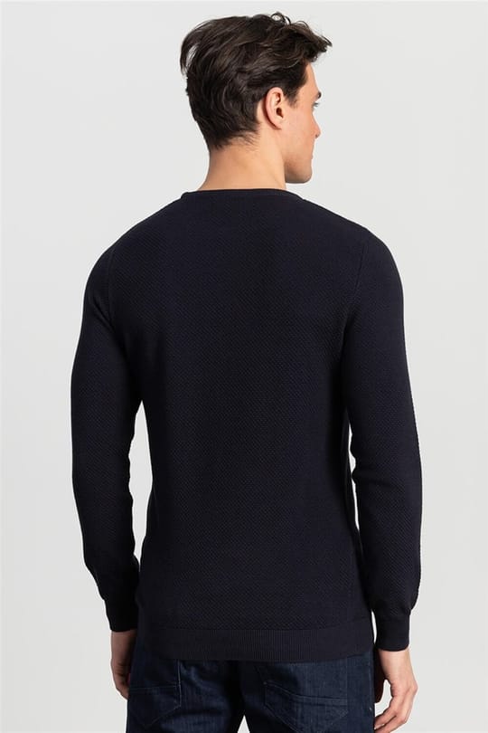 Erkek Slim Fit Kendinden Desenli Lacivert Triko Kazak