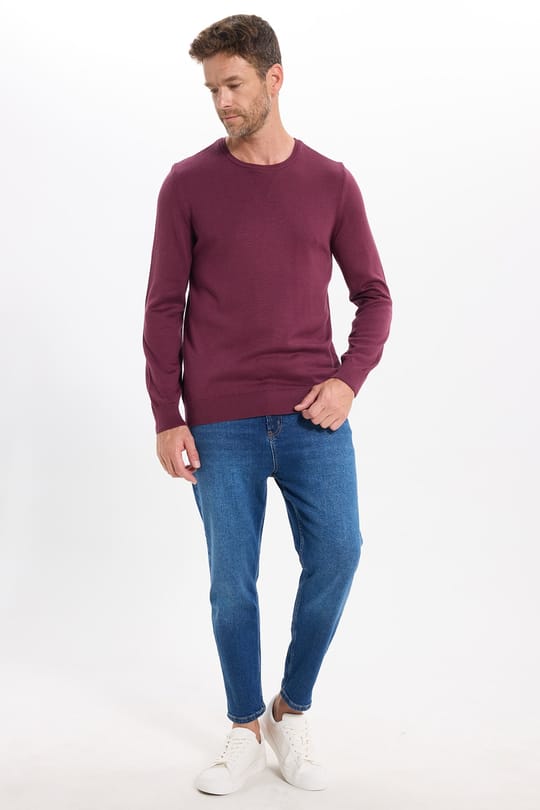Erkek Standart Fit Normal Kesim Bisiklet Yaka Bordo Triko Kazak