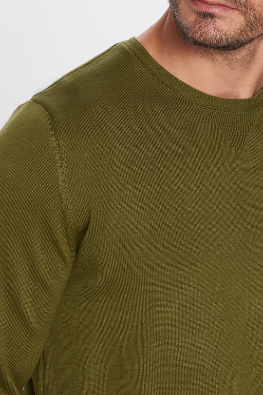 Erkek Standart Fit Normal Kesim Bisiklet Yaka Haki Triko Kazak