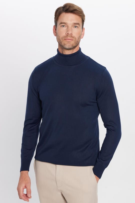Erkek Slim Fit Tam Boğazlı Yaka Düz Yün Lacivert Triko Kazak