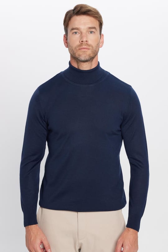Erkek Slim Fit Tam Boğazlı Yaka Düz Yün Lacivert Triko Kazak