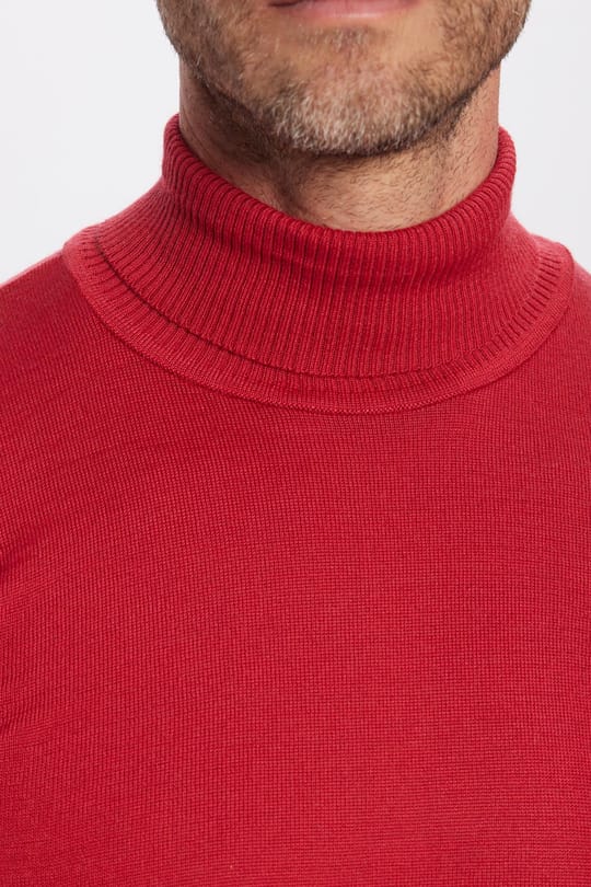 Erkek Slim Fit Dar Kesim Tam Boğazlı Yaka Düz Yün Kırmızı Triko Kazak
