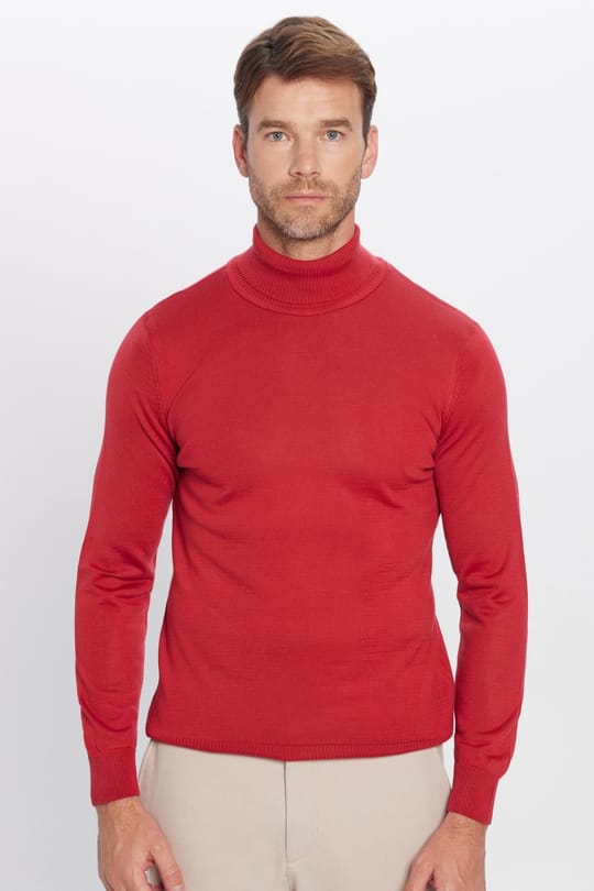 Erkek Slim Fit Dar Kesim Tam Boğazlı Yaka Düz Yün Kırmızı Triko Kazak