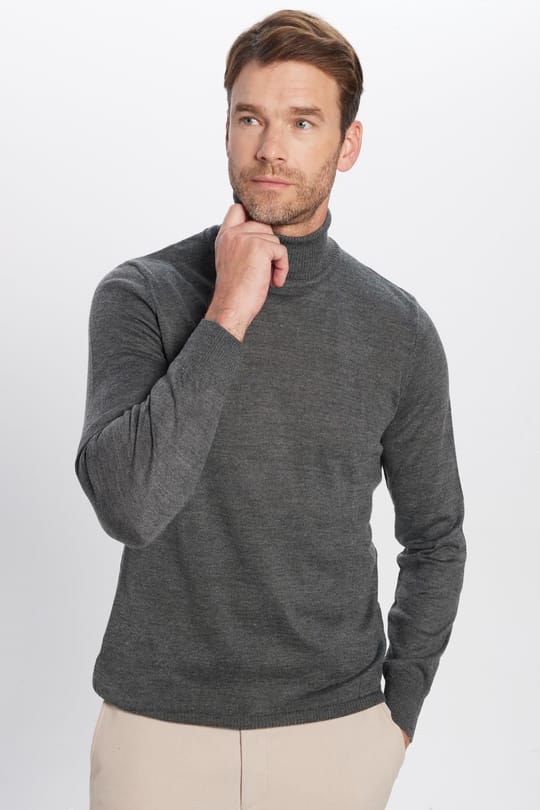 Erkek Slim Fit Tam Boğazlı Yaka Düz Yün Gri Triko Kazak