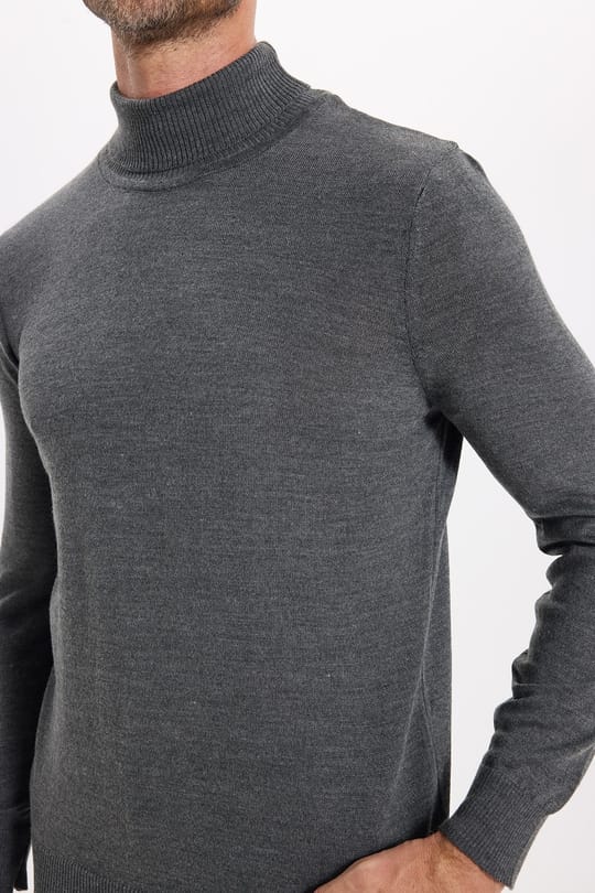Erkek Slim Fit Tam Boğazlı Yaka Düz Yün Gri Triko Kazak