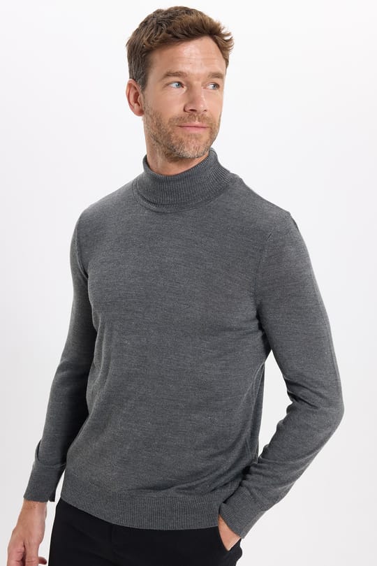 Erkek Slim Fit Tam Boğazlı Yaka Düz Yün Gri Triko Kazak