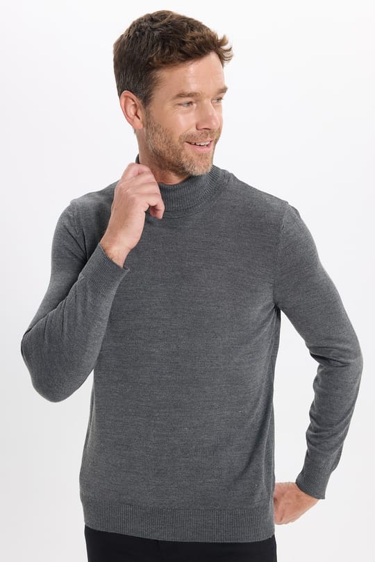 Erkek Slim Fit Tam Boğazlı Yaka Düz Yün Gri Triko Kazak
