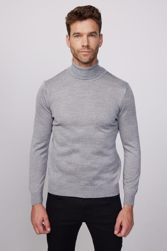 Erkek Slim Fit Tam Boğazlı Yaka Düz Yün Gri Triko Kazak