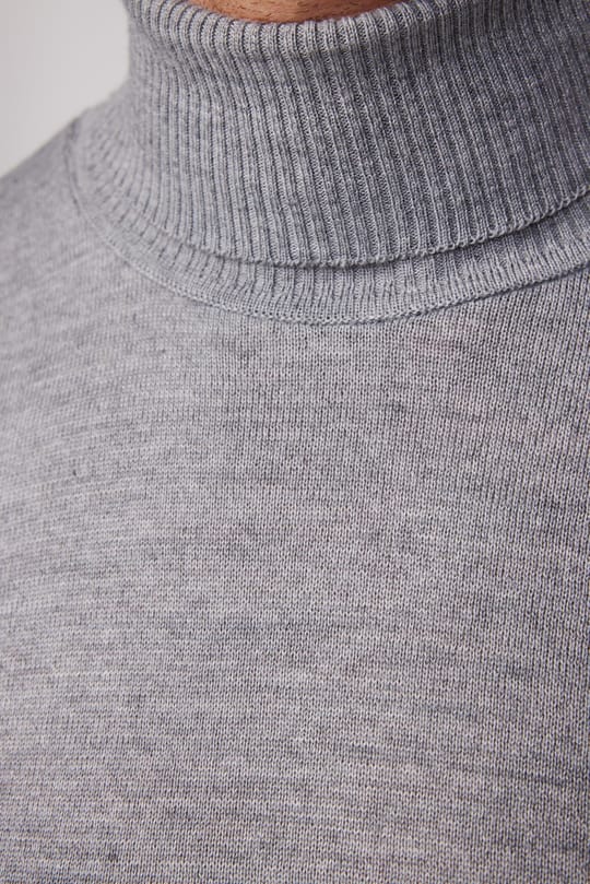 Erkek Slim Fit Tam Boğazlı Yaka Düz Yün Gri Triko Kazak