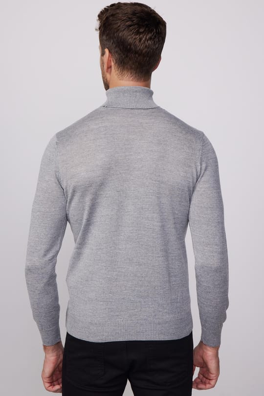 Erkek Slim Fit Tam Boğazlı Yaka Düz Yün Gri Triko Kazak