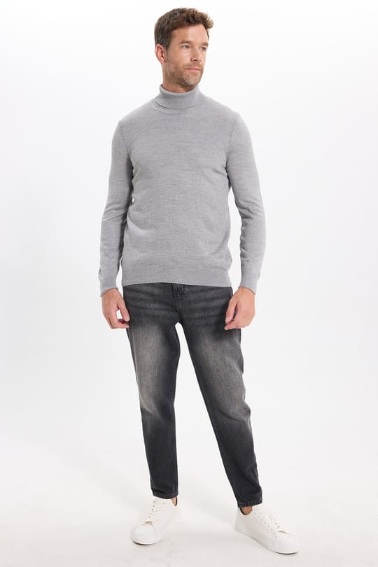 Erkek Slim Fit Tam Boğazlı Yaka Düz Yün Gri Triko Kazak