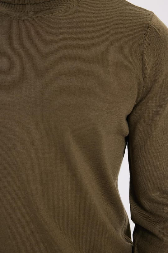 Erkek Slim Fit Tam Boğazlı Yaka Düz Yün Haki Triko Kazak