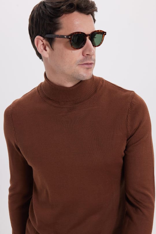 Slim Fit Tam Boğazlı Yaka Düz Yün Kahverengi Erkek Triko Kazak