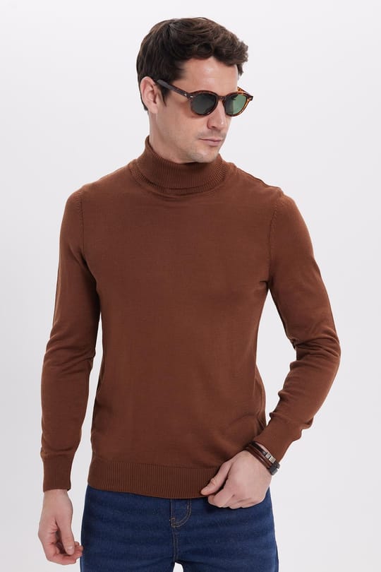 Slim Fit Tam Boğazlı Yaka Düz Yün Kahverengi Erkek Triko Kazak