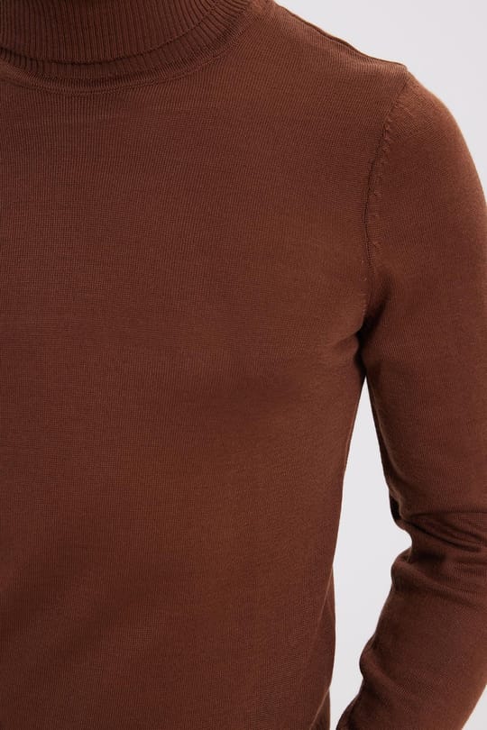 Slim Fit Tam Boğazlı Yaka Düz Yün Kahverengi Erkek Triko Kazak