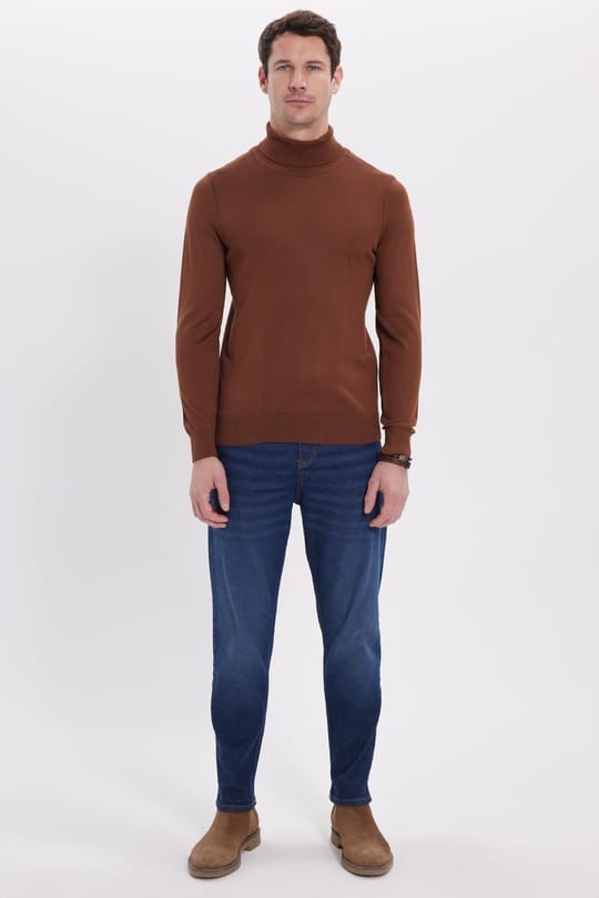 Slim Fit Tam Boğazlı Yaka Düz Yün Kahverengi Erkek Triko Kazak