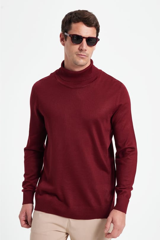 Slim Fit Tam Boğazlı Yaka Düz Yün Bordo Erkek Triko Kazak