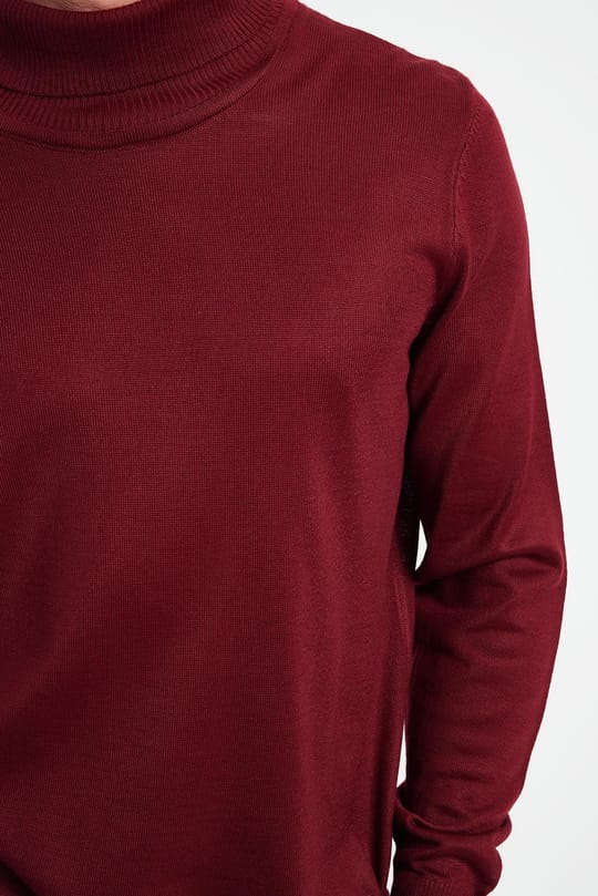 Slim Fit Tam Boğazlı Yaka Düz Yün Bordo Erkek Triko Kazak