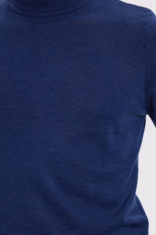 Erkek Slim Fit Tam Boğazlı Yaka Düz Yün Sax Mavi Triko Kazak